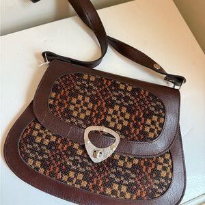 Vintage Tapestry Crossbody Bag Brown Faux Leather Boho 70s Style